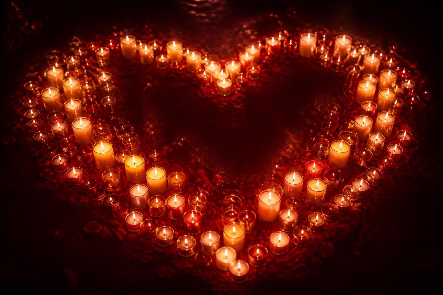 Velas acesas em formato de coração em ambiente espiritual