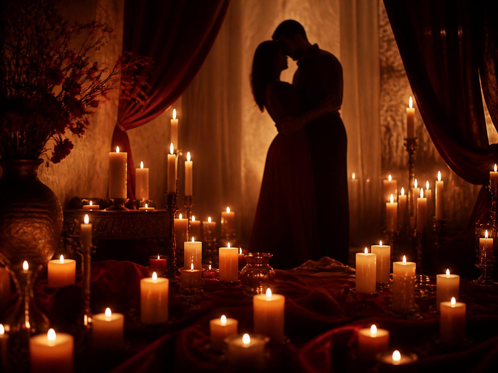 Velas acesas em ambiente romântico com casal ao fundo