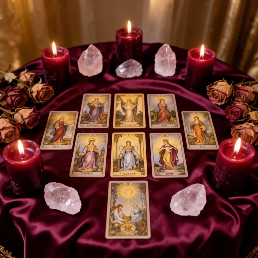 Mesa de leitura com cartas, velas e cristais